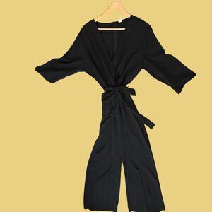 Black Wrap-Style Long Sleeve Jumpsuit | Tie Waist | Size XL